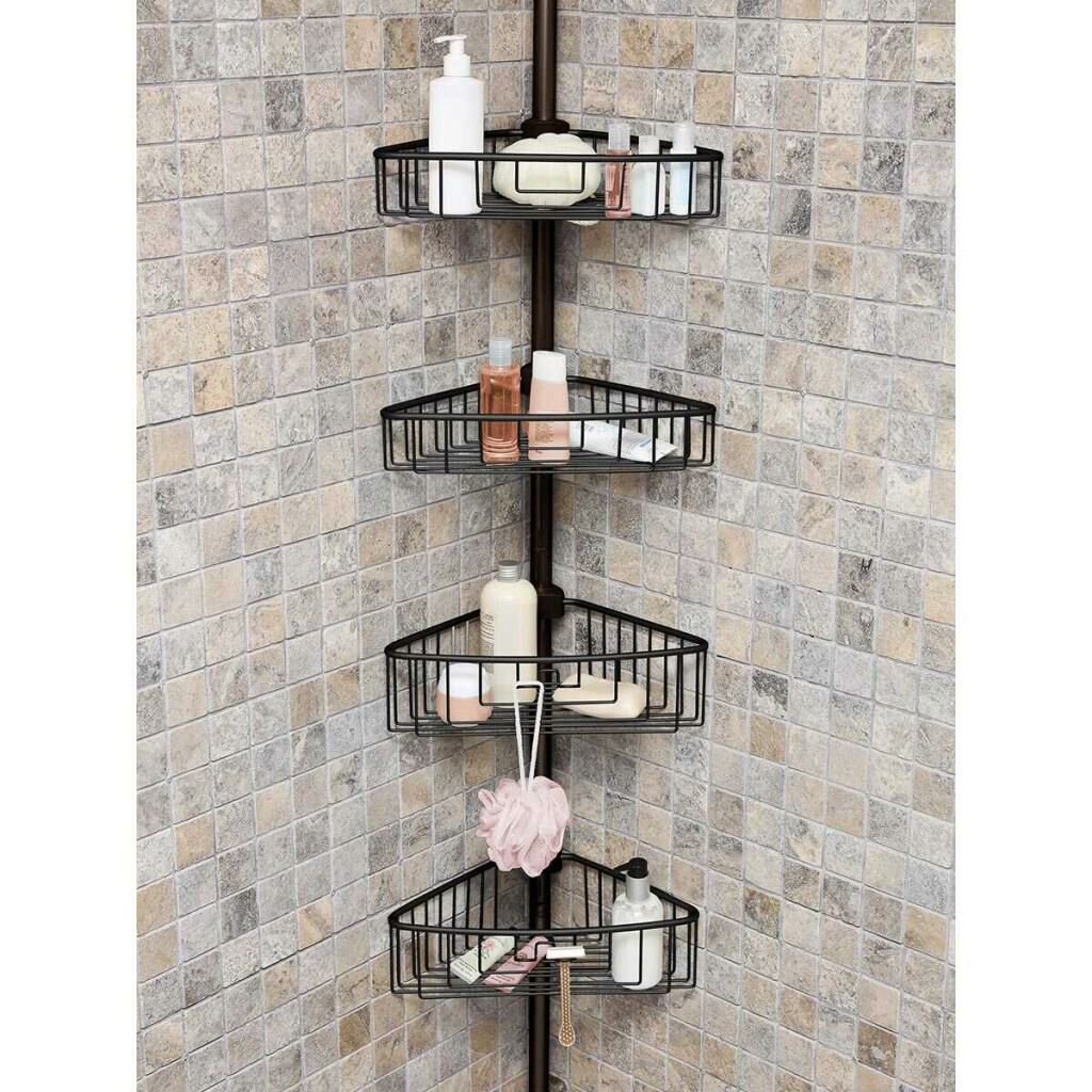 Primanova Yay Baskılı Kurulumu Kolay Dört Gözlü Alüminyum Yaylı Banyo Köşe Rafı Siyah-N29