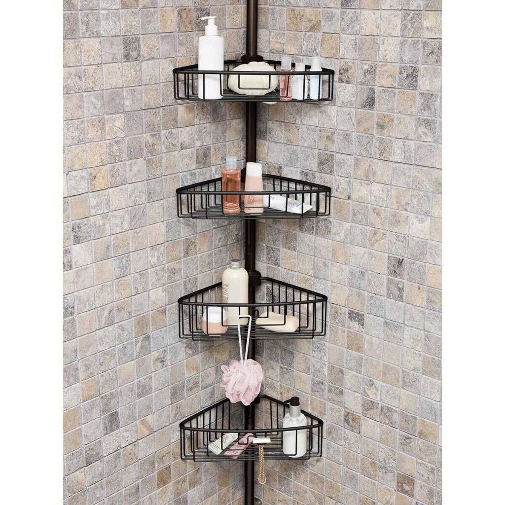 Primanova Yay Baskılı Kurulumu Kolay Dört Gözlü Alüminyum Yaylı Banyo Köşe Rafı Siyah-N29