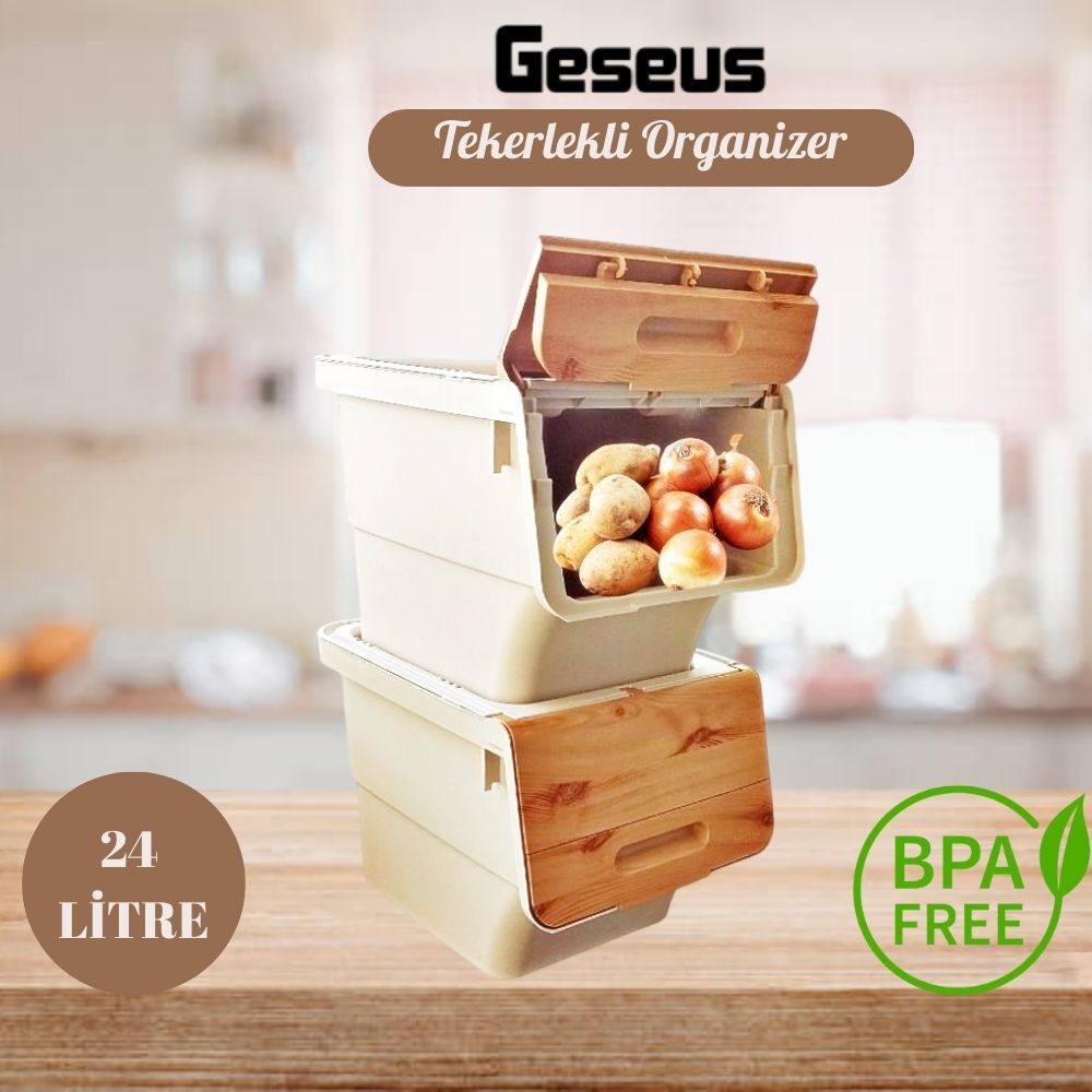 Motek Patateslik Soğanlık Sepeti Oyuncak Kutusu Tekerlekli Organızer Çok Amaçlı Kutu 2X12Lt-Bambu+Krem