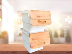 Motek Patateslik Soğanlık Sepeti Oyuncak Kutusu Tekerlekli Organızer Çok Amaçlı Kutu 2X12Lt-Bambu+Krem