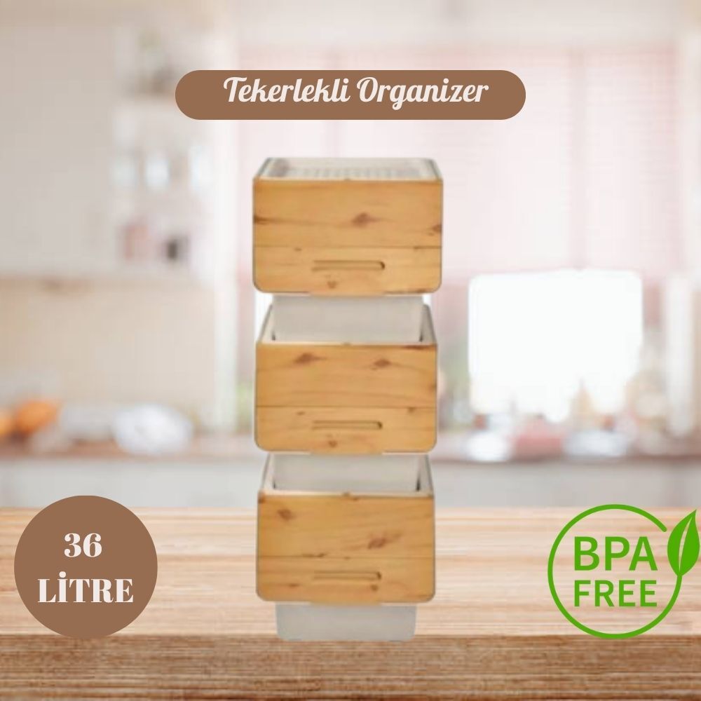 Motek Patateslik Soğanlık Sepeti Oyuncak Kutusu Tekerlekli Organızer Çok Amaçlı Kutu 3X12Lt-Bambu+Krem