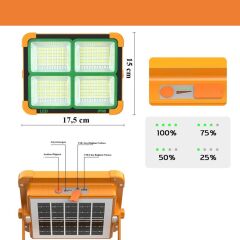 Taşınabilir Solarlı Çalışma Ve Kamp Işığı, Powerbanklı Güneş Enerjili Işıldak,Fener-150W 2000 Lümen 264 Ledli-KÇ
