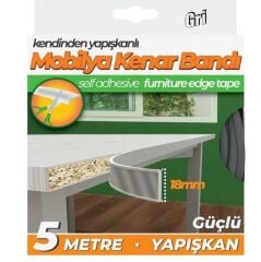 Kendinden Yapışkanlı Masa,Raf,Dolap,Tezgah,Mobilya Kenar Bandı 18mmX5 Metre-Gri