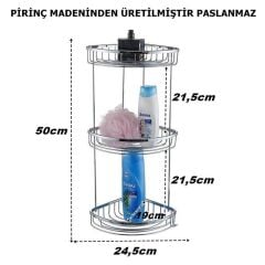 Geseus Pirinç Banyo Köşelik Şampuanlık Duş Rafı Üç Katlı Ömür Boyu Paslanmazlık Garantisi-2715-NKS