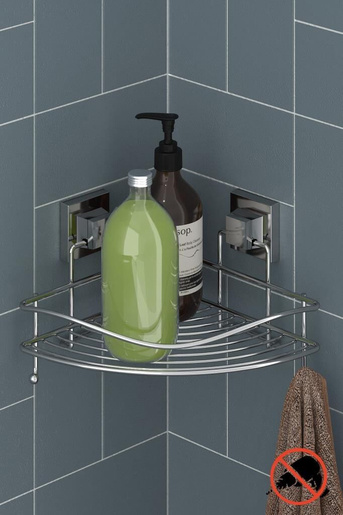 Geseus Yapışkanlı Askılı Tek Katlı Banyo Köşe Rafı Krom EF250
