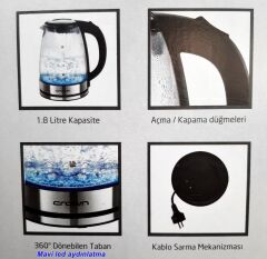 Crown Cam Kettle Elektrikli Su Isıtıcı Cam Gövdeli Led Aydınlatmalı 1500W 1,8 Lt