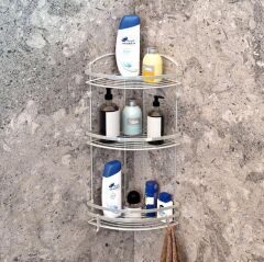 Geseus Paslanmaz Çelik Üç Katlı Kancalı Banyo Köşe Rafı İnox BK083H