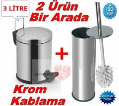 Wc Fırçası + Krom 3 Litre Çöp Kovası İkili Set