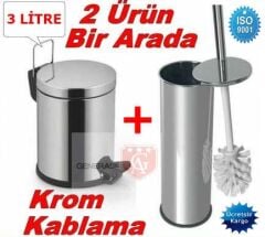 Wc Fırçası + Krom 3 Litre Çöp Kovası İkili Set