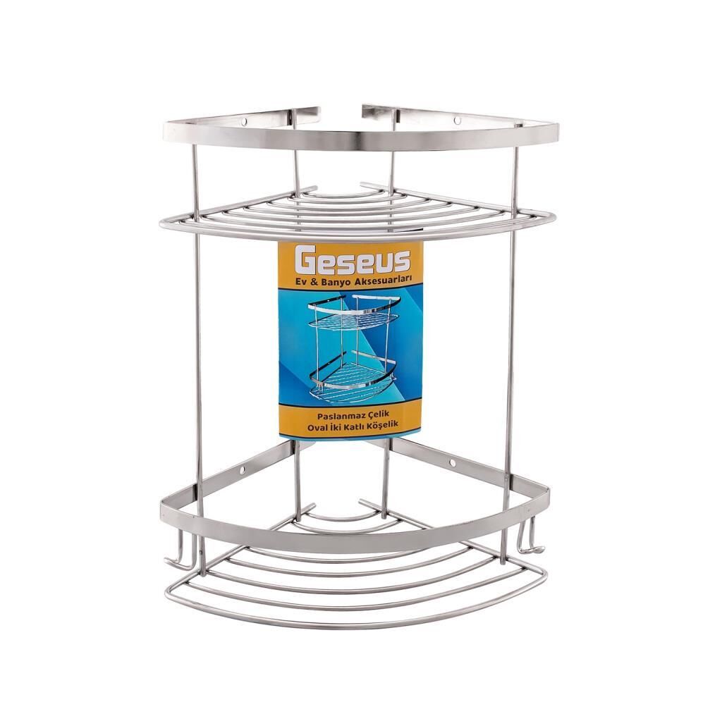 Geseus Paslanmaz İki Gözlü Banyo Köşe Rafı Şampuanlık 304 Kalite Paslanmaz Çelik-GNRL2014
