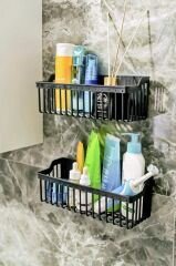 Yapışkanlı Plastik Banyo Rafı İkili Banyo Düzenleyici Duş Rafı Organizer Şampuanlık siyah