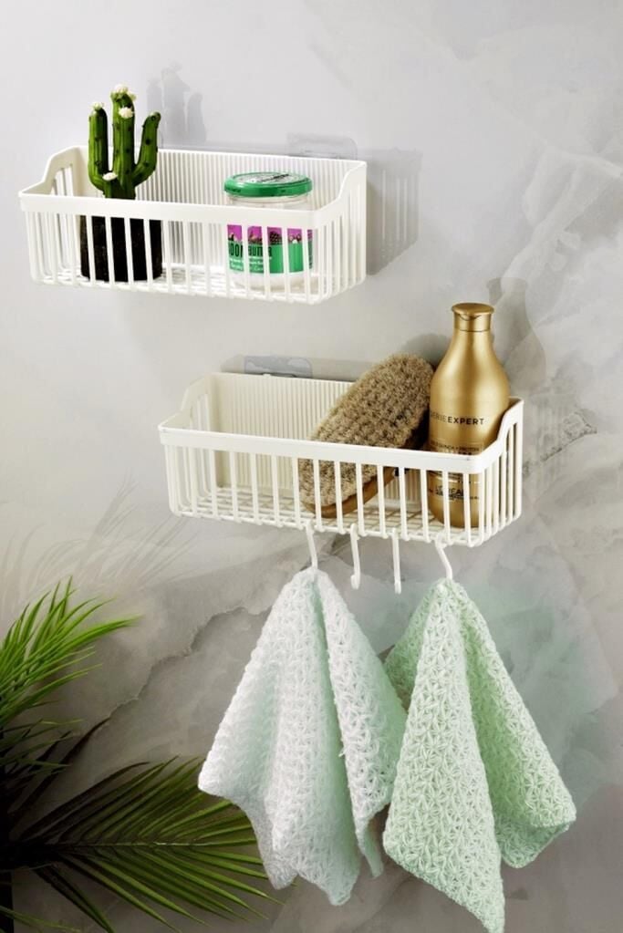 Yapışkanlı Plastik Banyo Rafı İkili Banyo Düzenleyici Duş Rafı Organizer Şampuanlık beyaz