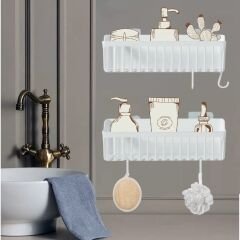 Yapışkanlı Plastik Banyo Rafı İkili Banyo Düzenleyici Duş Rafı Organizer Şampuanlık beyaz