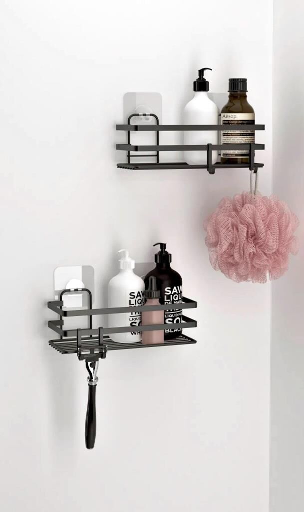 Banyo Düzenleyici Yapışkanlı Metal Banyo Rafı İkili Duş Rafı Organizer Şampuanlık Mat Siyah-GNRL281