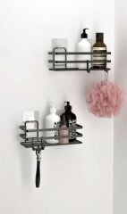 Banyo Düzenleyici Yapışkanlı Metal Banyo Rafı İkili Duş Rafı Organizer Şampuanlık Mat Siyah-GNRL281
