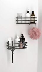 Banyo Düzenleyici Yapışkanlı Metal Banyo Rafı İkili Duş Rafı Organizer Şampuanlık Mat Siyah-GNRL281