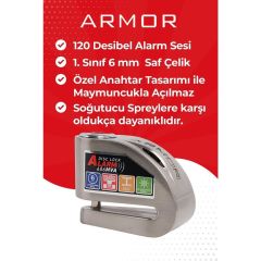 Armor Alarmlı Motorsiklet Disk Kilidi Çelik Gövde 606 Mva 6mm-İnox
