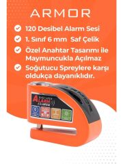 Armor Alarmlı Motorsiklet Disk Kilidi Çelik Gövde 606 Mva 6mm-Turuncu
