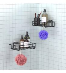 Banyo Düzenleyici Yapışkanlı Metal Banyo ve Dolap Rafı İkili Duş Rafı Organizer Şampuanlık Mat siyah-GNRL242