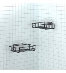 Banyo Düzenleyici Yapışkanlı Metal Banyo ve Dolap Rafı İkili Duş Rafı Organizer Şampuanlık Mat siyah-GNRL242