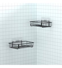 Banyo Düzenleyici Yapışkanlı Metal Banyo ve Dolap Rafı İkili Duş Rafı Organizer Şampuanlık Mat siyah-GNRL242