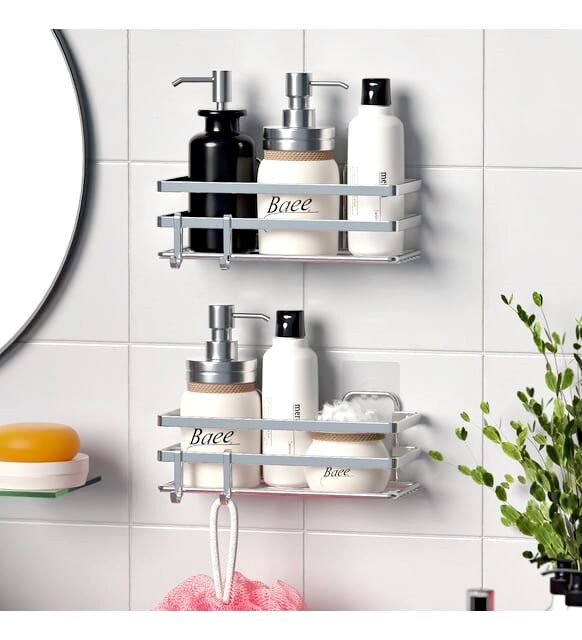 Banyo Düzenleyici Yapışkanlı Metal Banyo Rafı İkili Duş Rafı Organizer Şampuanlık Krom-GNRL281