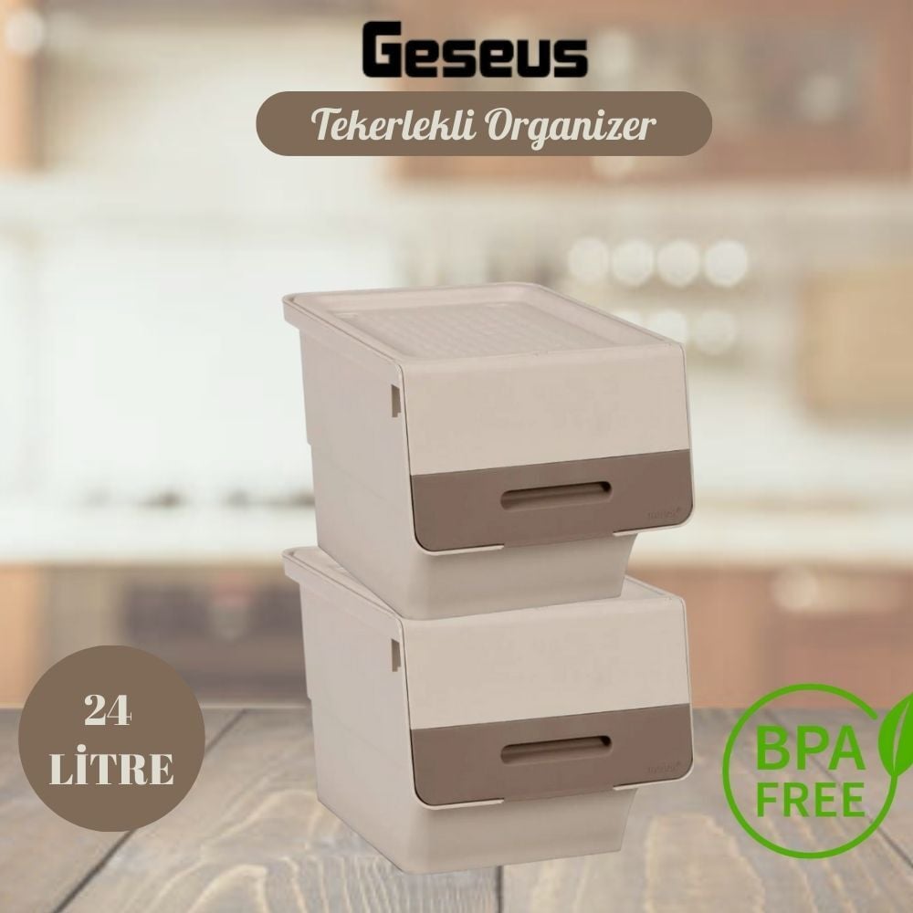 Motek Tekerlekli Patateslik Soğanlık Oyuncak Kutusu Patateslik Soğanlık Sepeti 2X12Lt Krem+Açık kahve