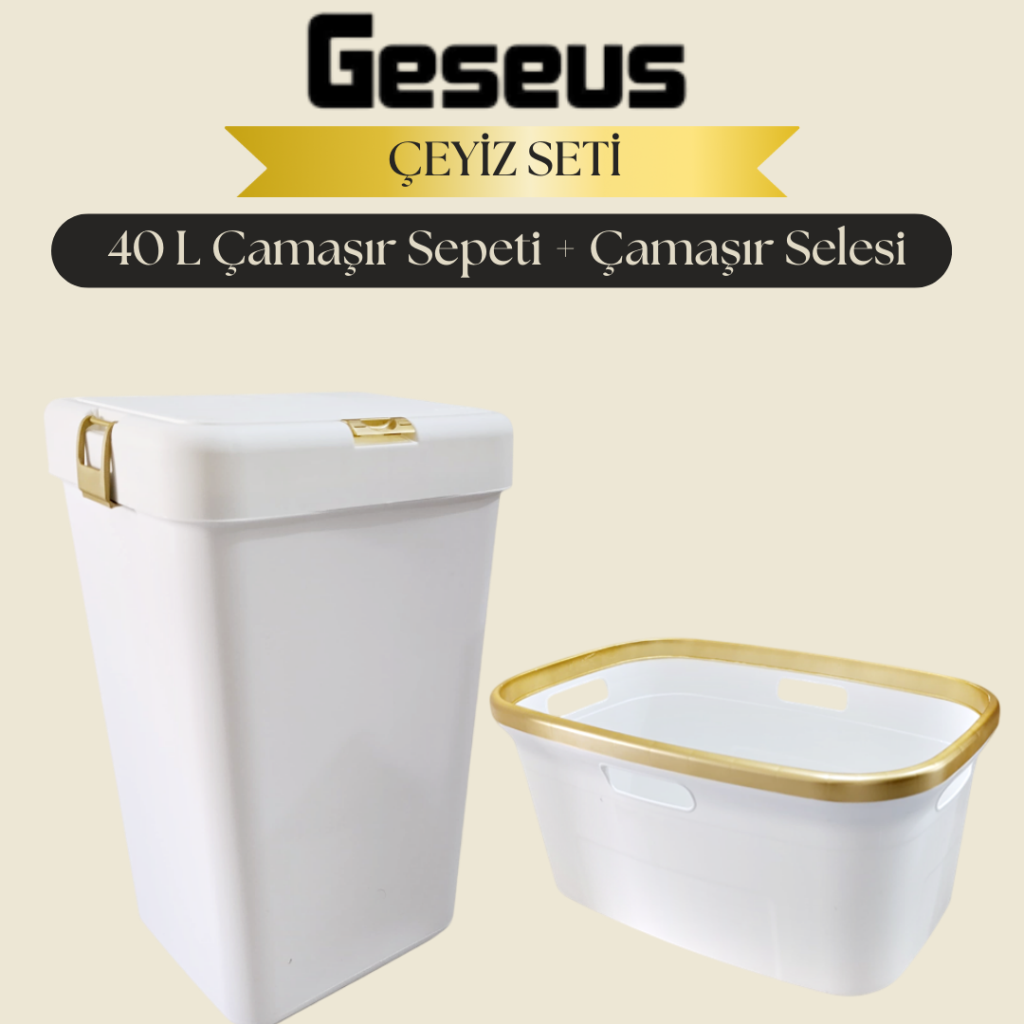 Geseus Motek Tekli 40 Lt Kirli Çamaşır Sepeti+Çamaşır Selesi Ikili Set, Çeyiz Seti Gold+Beyaz