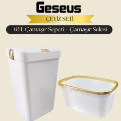Geseus Motek Tekli 40 Lt Kirli Çamaşır Sepeti+Çamaşır Selesi Ikili Set, Çeyiz Seti Gold+Beyaz