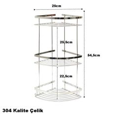 Geseus Paslanmaz Üç Gözlü Banyo Köşe Rafı Şampuanlık 304 Kalite Paslanmaz Çelik-GNRL2020