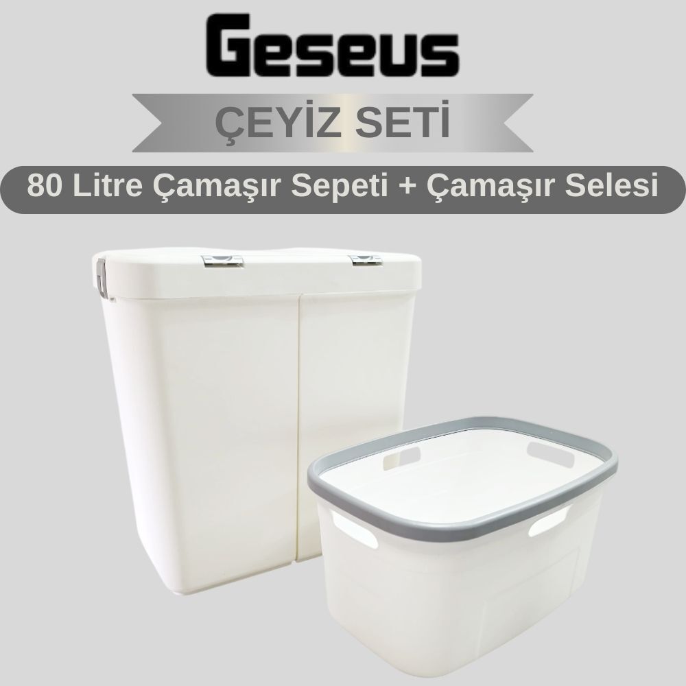 Gümüş Ikili Dokunmatik 80 Lt Çamaşır Sepeti+Çamaşır Selesi Çeyiz Seti-MT09