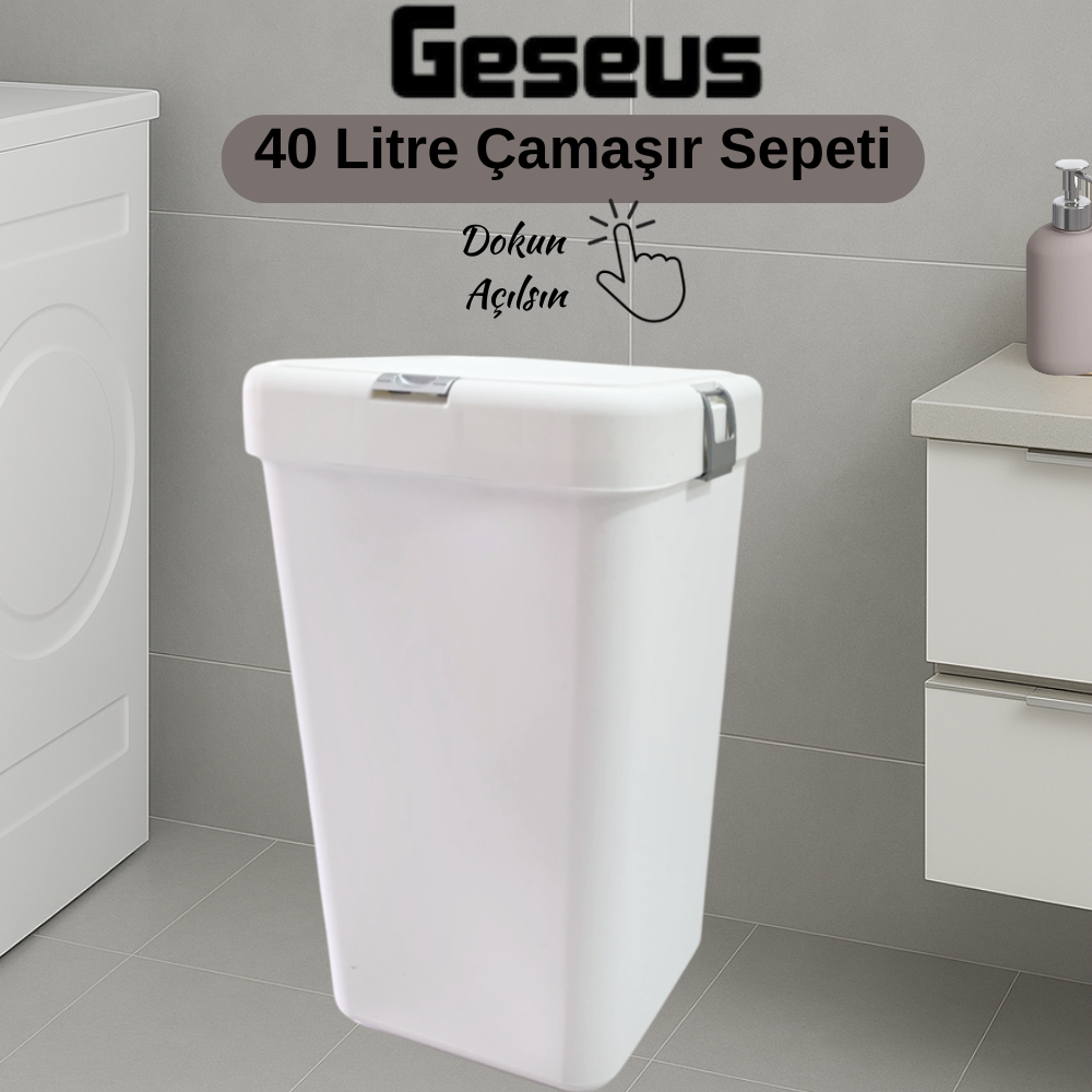 Gümüş Tekli Dokunmatik Çamaşır Sepeti Çöp Kovası Temizlik Kovası Kirli Sepet 40 Litre-MT008